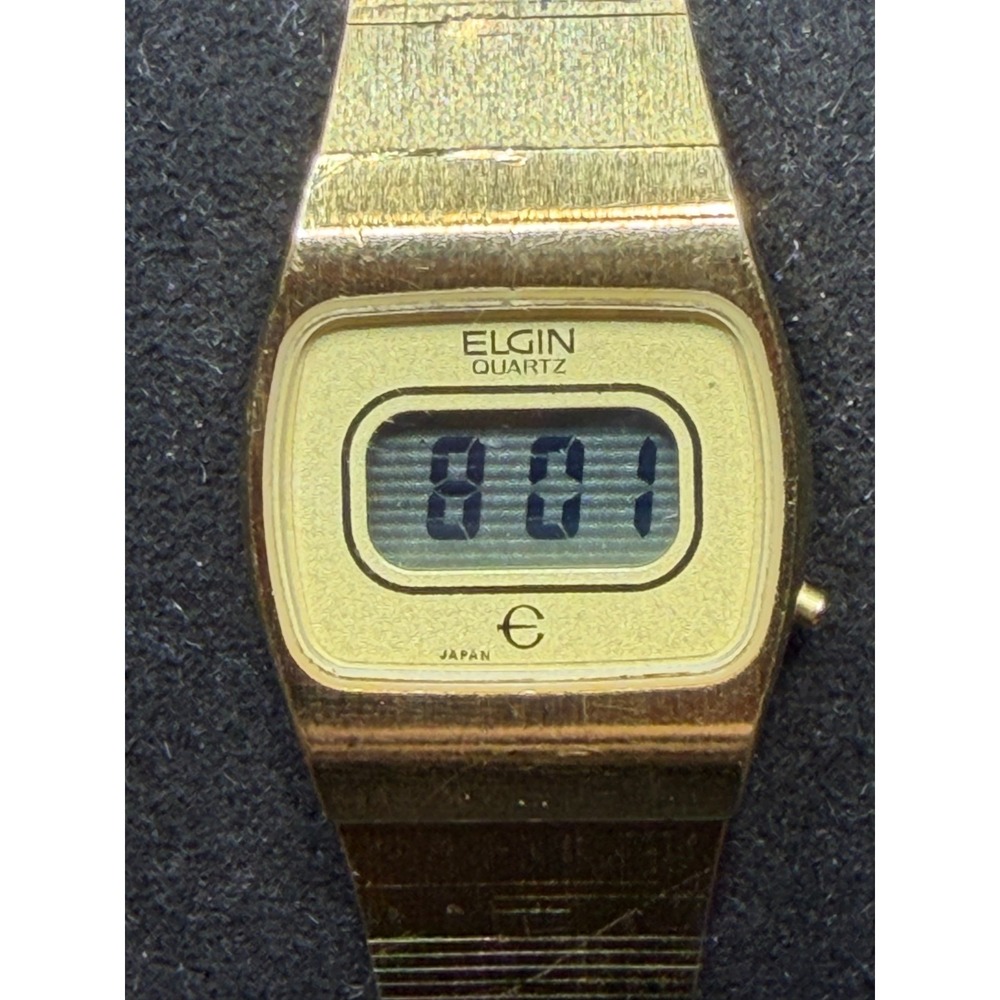 Vintage Elgin P512-9215 Womens Watch 20mm Gold Tone Digital LCD Quartz Japan